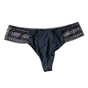 NWOT Black Satin and Colorful Knit Trim Calvin Klein Thong Panties Medium
